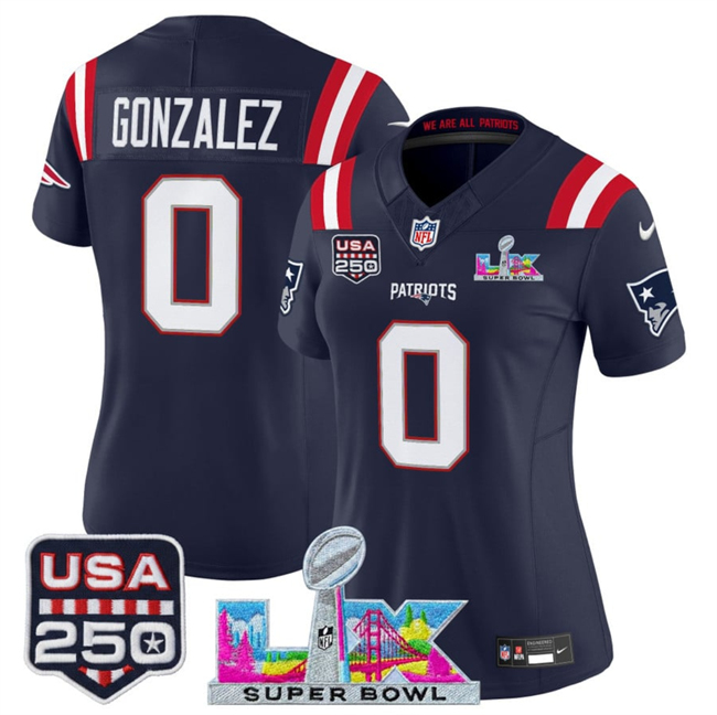 Women's New England Patriots #0 Christian Gonzalez Navy 2025 F.U.S.E. Super Bowl LX Patch And USA 250' Patch Vapor Limited Football Stitched Jersey(Run Small)